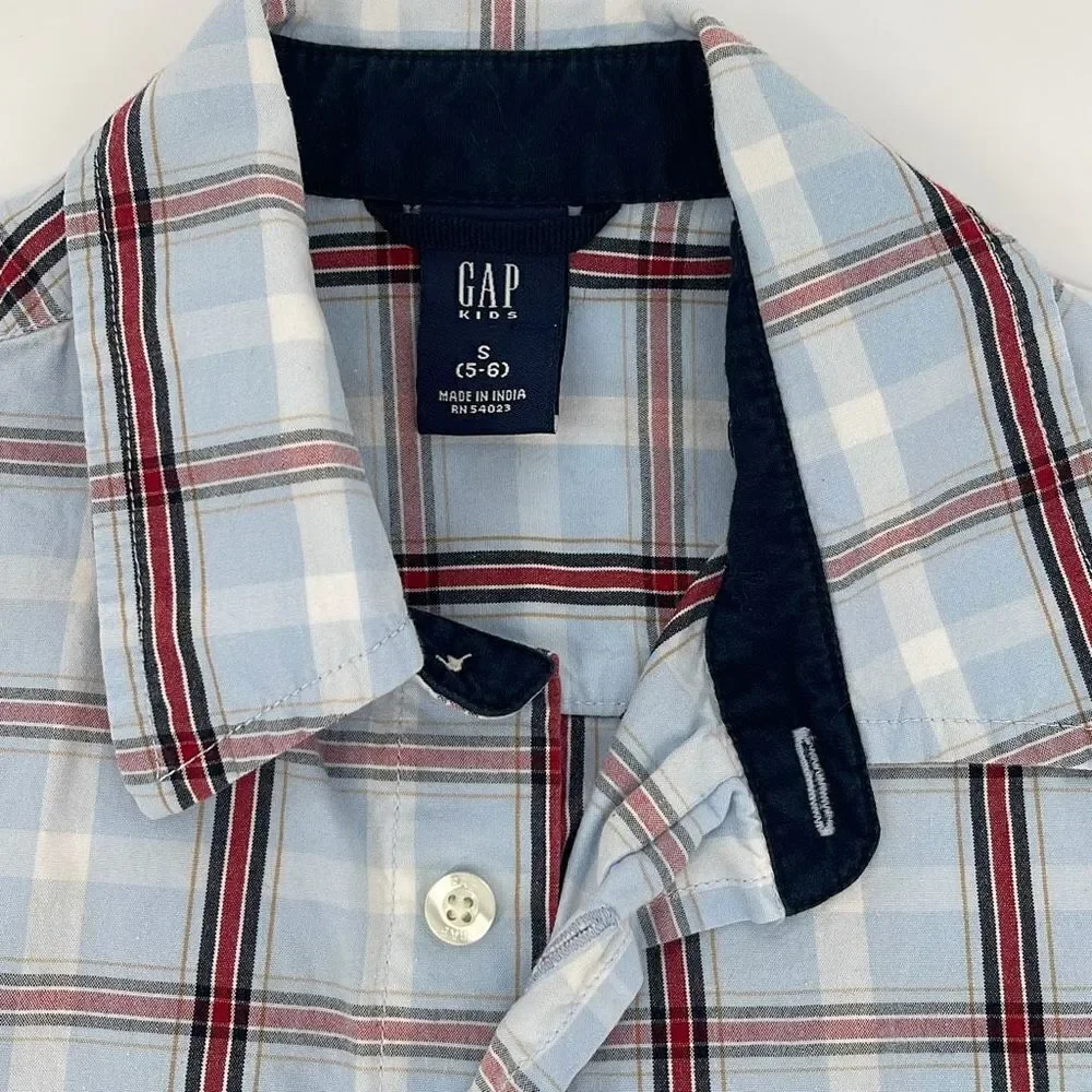 Boys Gap Button Up Shirt Plaid Blue‎ Red Size Small 5-6